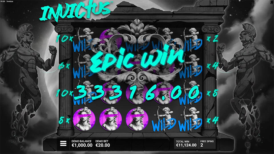 Epic Win of €3,316.00 shown with wilds and bust symbols surrounded by glowing multipliers and stone pillars.