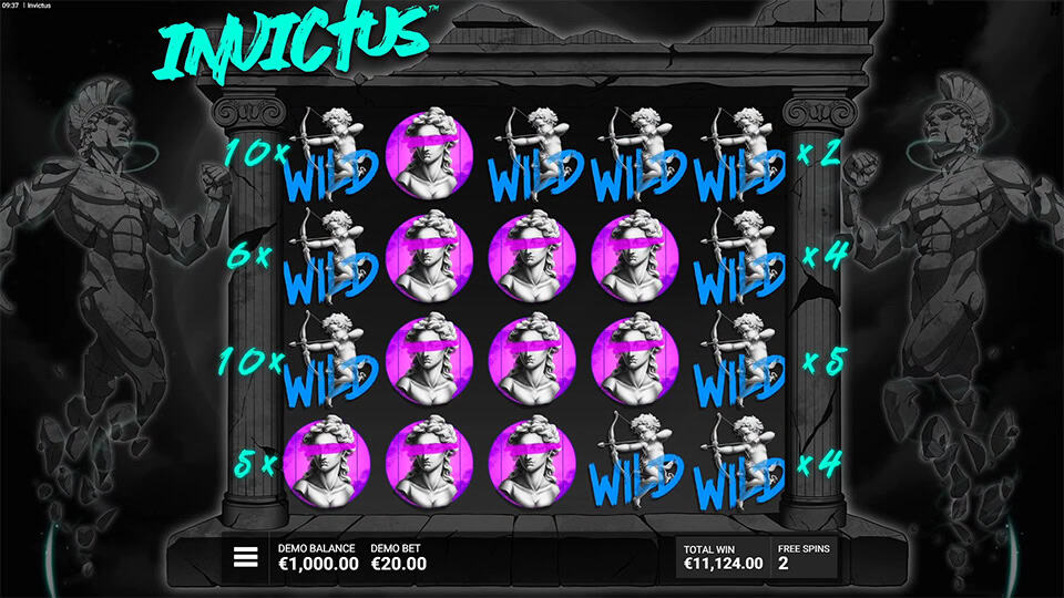 Reels loaded with bust and archer symbols, surrounded by multipliers up to 10x, during free spins round.