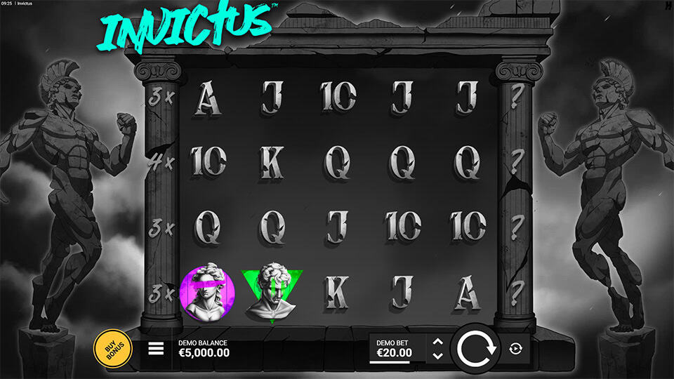 Slot reels with stone-carved symbols and Greek statue multipliers on both sides, set in a crumbling temple.