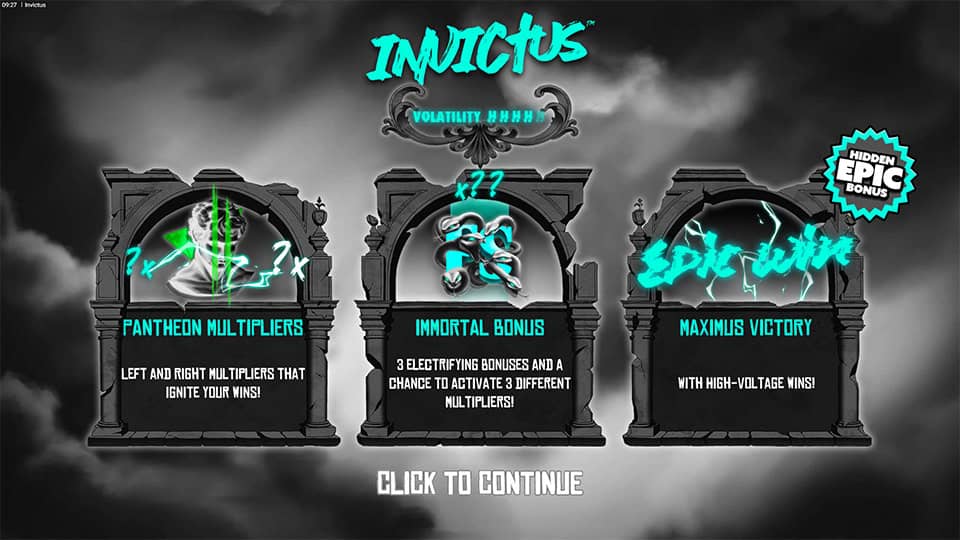 Intro screen showing Pantheon Multipliers, Immortal bonus and Maximus Victory with dramatic black-and-white visuals.