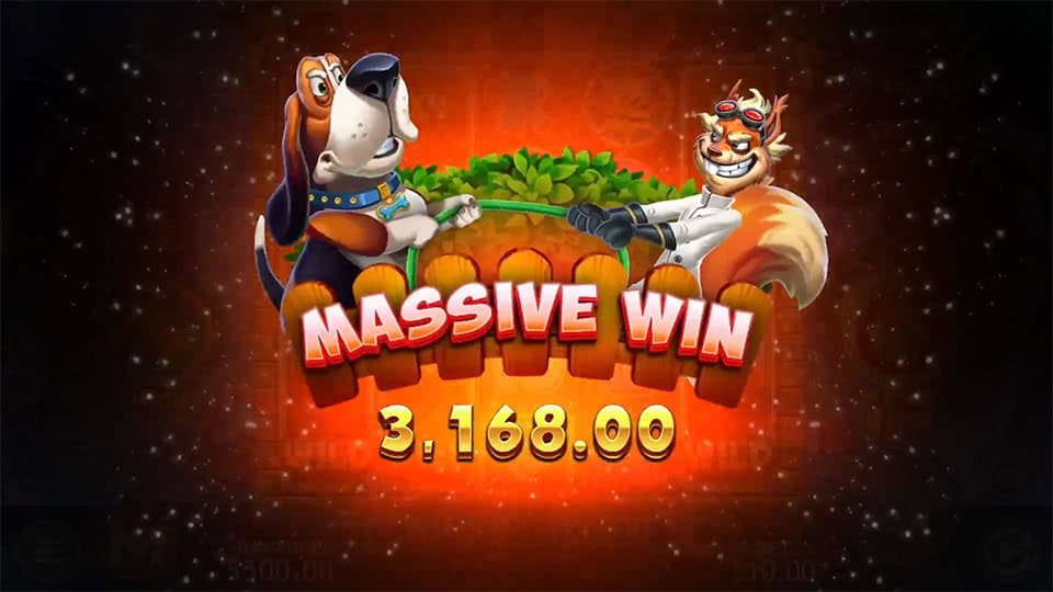 Massive win animation in Licence to Squirrel showing $3,168.00 win with squirrel and dog celebrating.