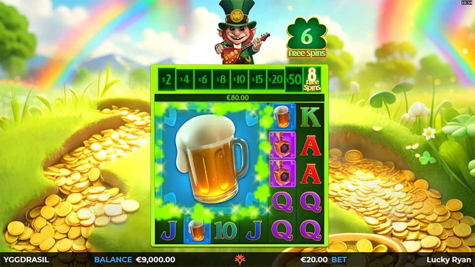 Gigablox feature showing oversized stacked symbols of whiskey barrels and beer mugs on brightly lit reels.