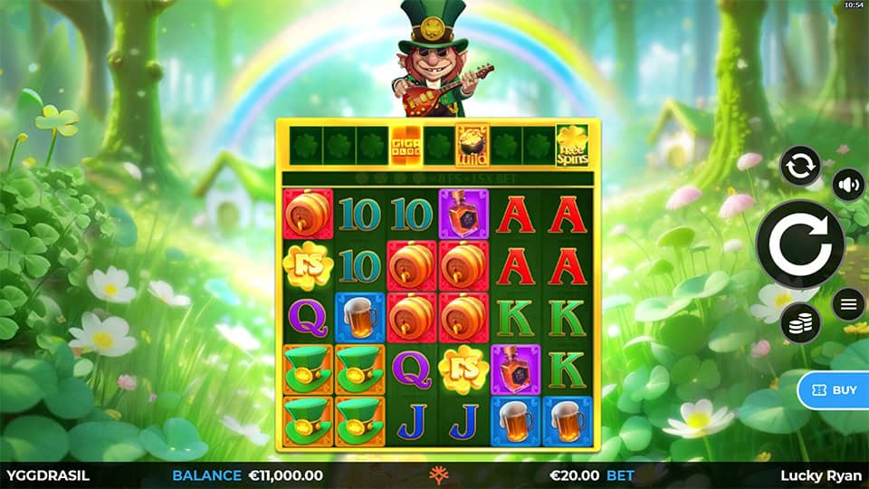 Main slot screen featuring colorful reels with beer, hats and card symbols beneath a multiplier meter and a mischievous leprechaun.