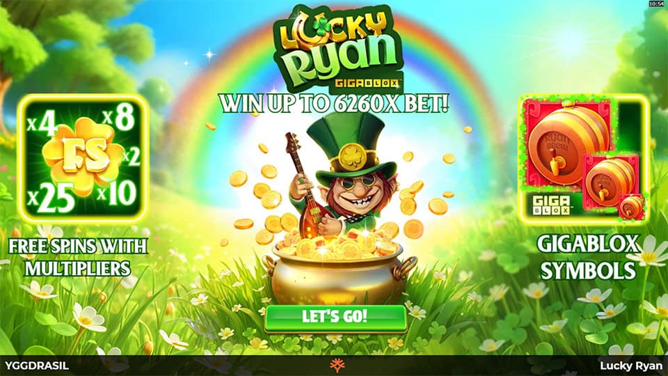 Game intro highlighting up to 6260x win potential, Gigablox symbols and Free Spins with multipliers next to a pot of gold.