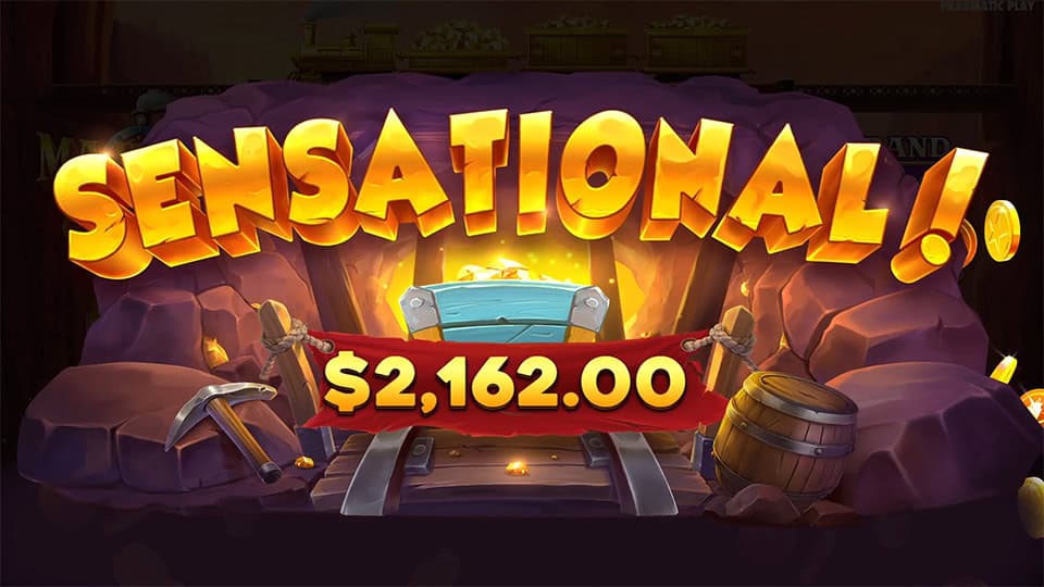 Sensational win message with $2,162.00 payout exploding from a gold mine, with pickaxes and cart visuals.
