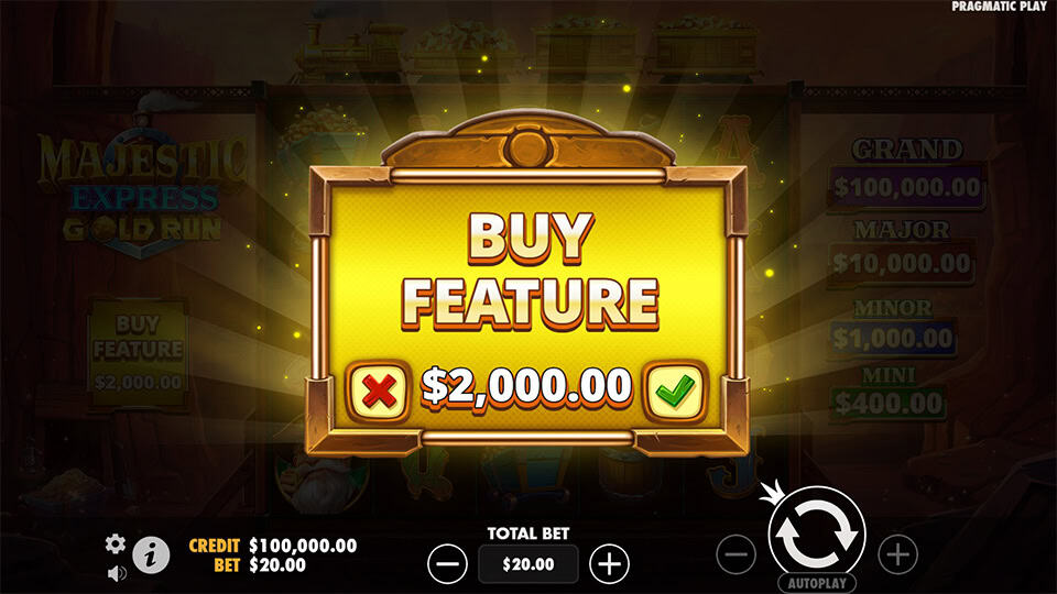 Buy Feature popup to activate bonus round with confirm and cancel buttons.