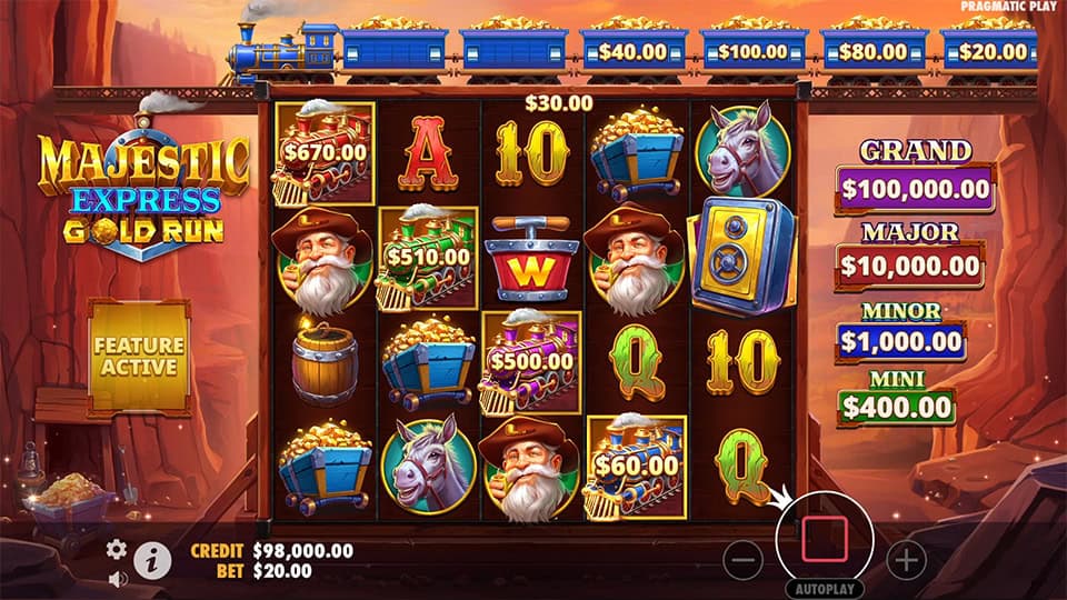Top screen with moving train filled with gold carts and visible prize amounts.