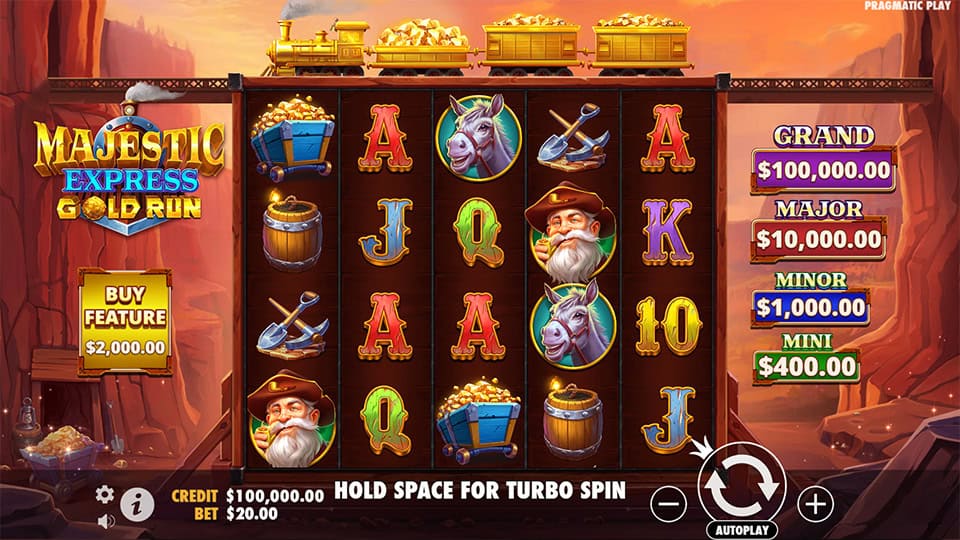 Base game screen with reels showing miners, donkeys, gold carts and card symbols; bonus buy option on left panel.