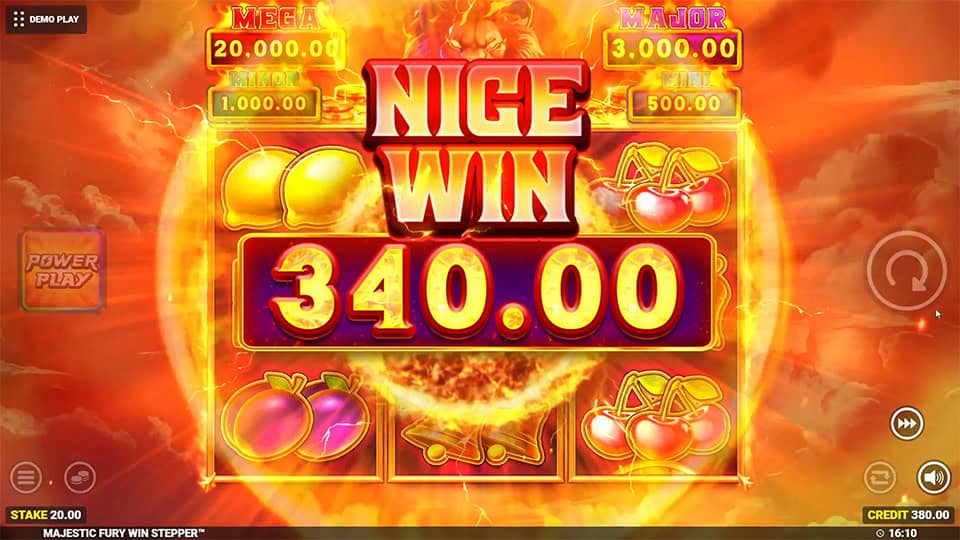 “Nice Win” banner with a 340.00 prize over fiery visuals, glowing fruits and jackpot indicators lighting up the screen.