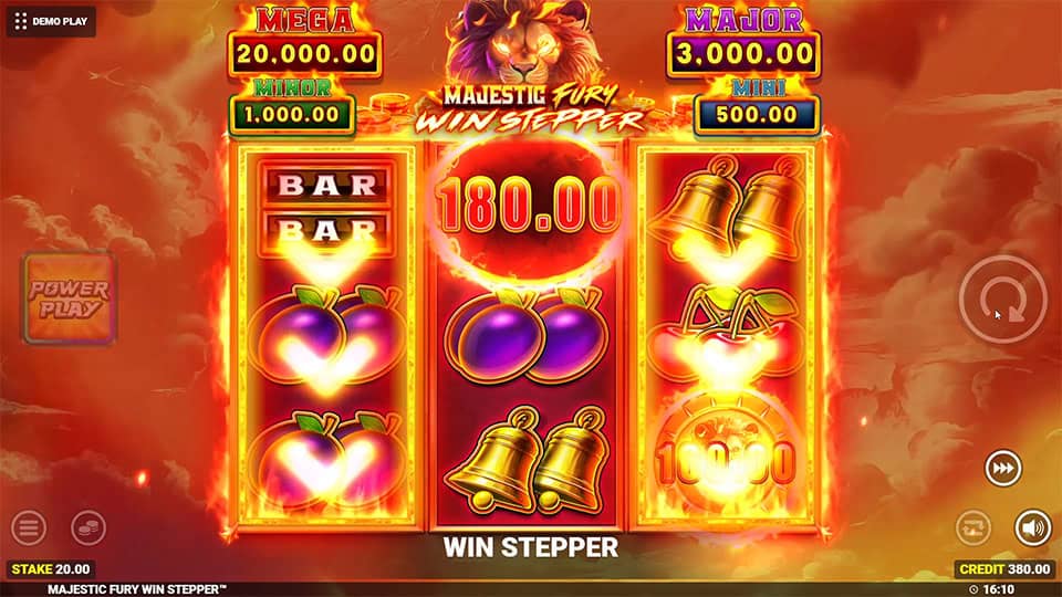 Highlighted slot play with Win Stepper active, collecting all visible coin values and a lion icon landing on the center reel.