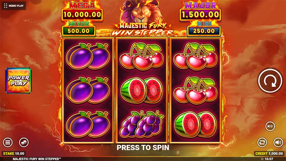 Classic fruit slot with symbols like cherries, grapes and watermelons on three reels, set below jackpot prize counters.