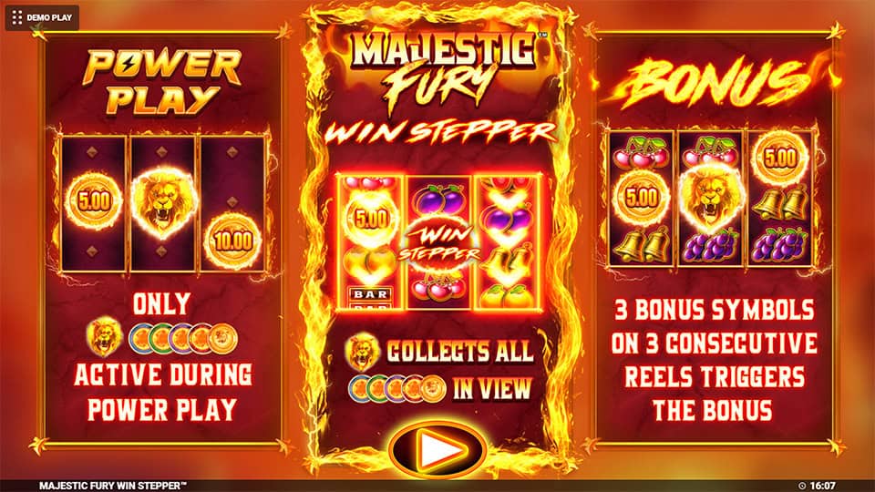 Game intro showing Power Play, Win Stepper mechanics and Bonus trigger explanation with vibrant graphics and slot symbols.