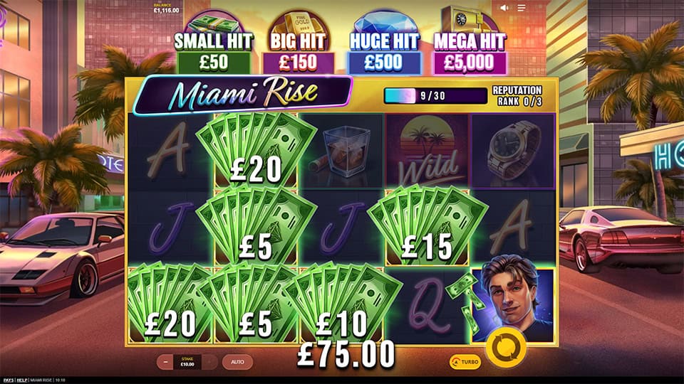 Winning screen filled with stacked dollar bills across the reels under the Small, Big, Huge and Mega Hit tracker.