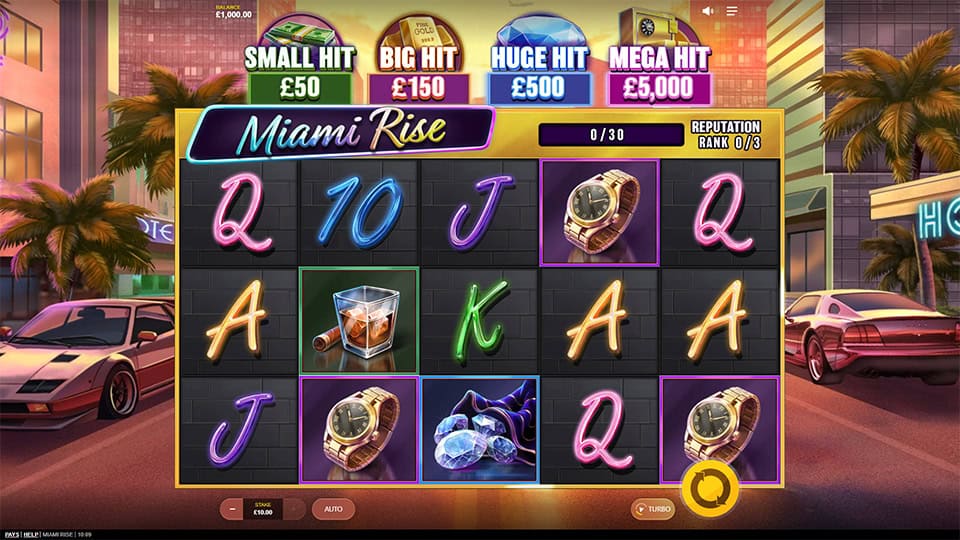 Slot interface with neon-styled card symbols, luxury watches, diamonds and cityscape cars under the Miami twilight.