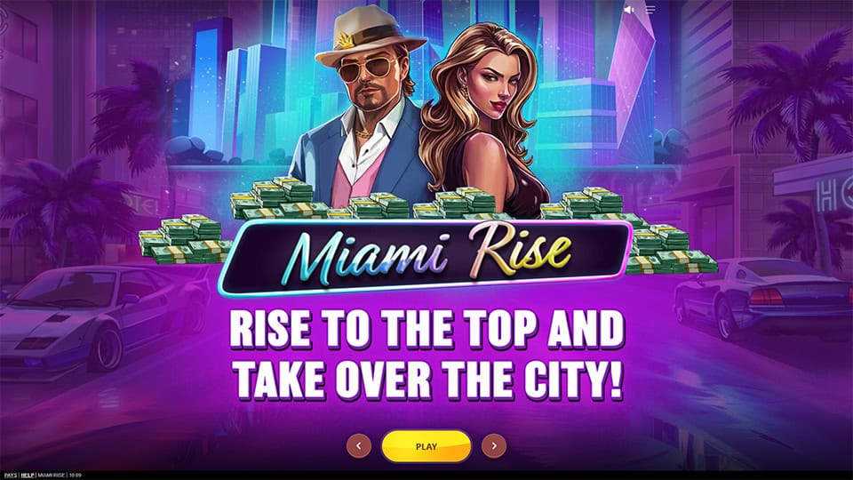 Intro screen with Miami Rise characters, neon-lit backdrop and stacks of money promoting the takeover theme.