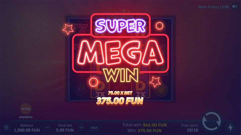 Super Mega Win screen displaying 375.00 FUN with neon-style animations.