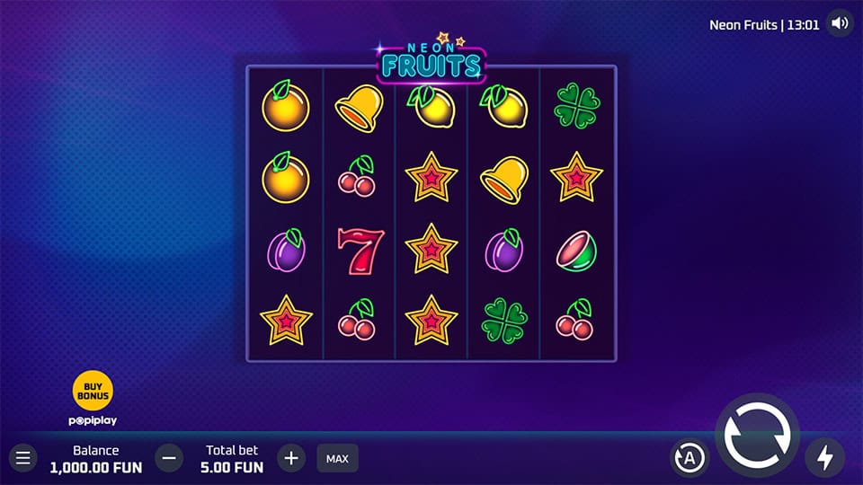 Base game screen showing reels with classic fruit symbols and stacked wilds.