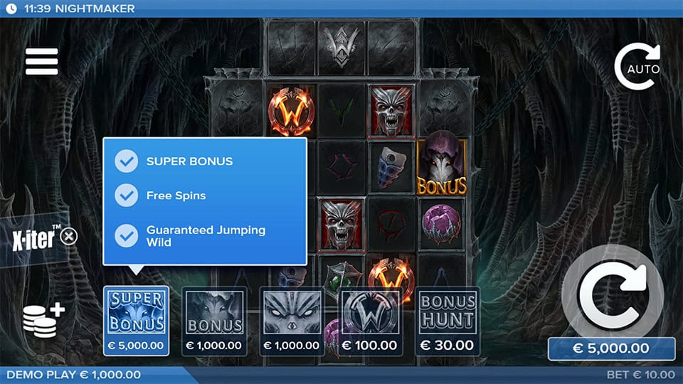 Bonus buy screen in Nightmaker offering options like Super Bonus, Bonus Hunt and Guaranteed Wild with Euro prices.
