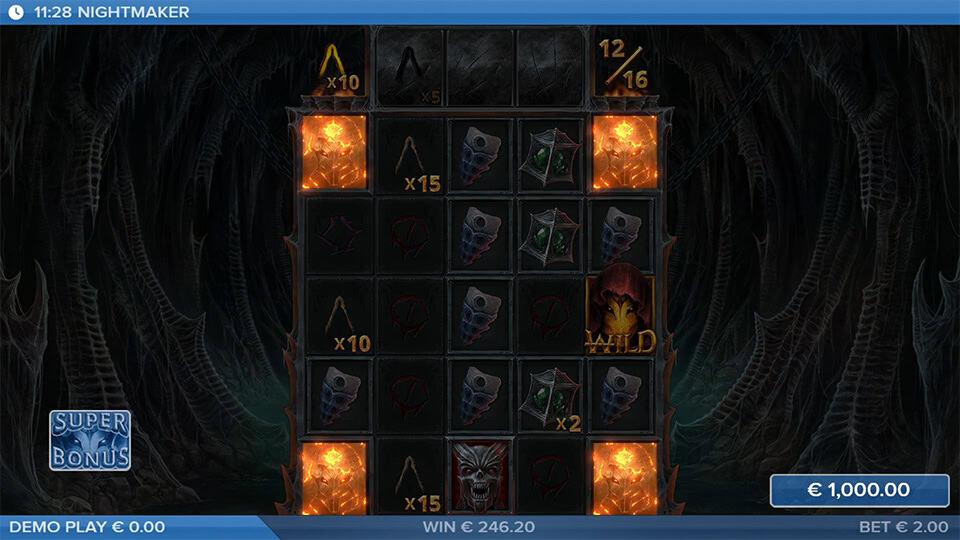 Special win in Nightmaker where four flaming corner symbols light up the grid.