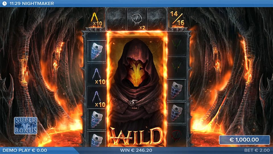 Nightmaker reels showing the giant flaming hooded Wild symbol occupying a full reel during the bonus round.