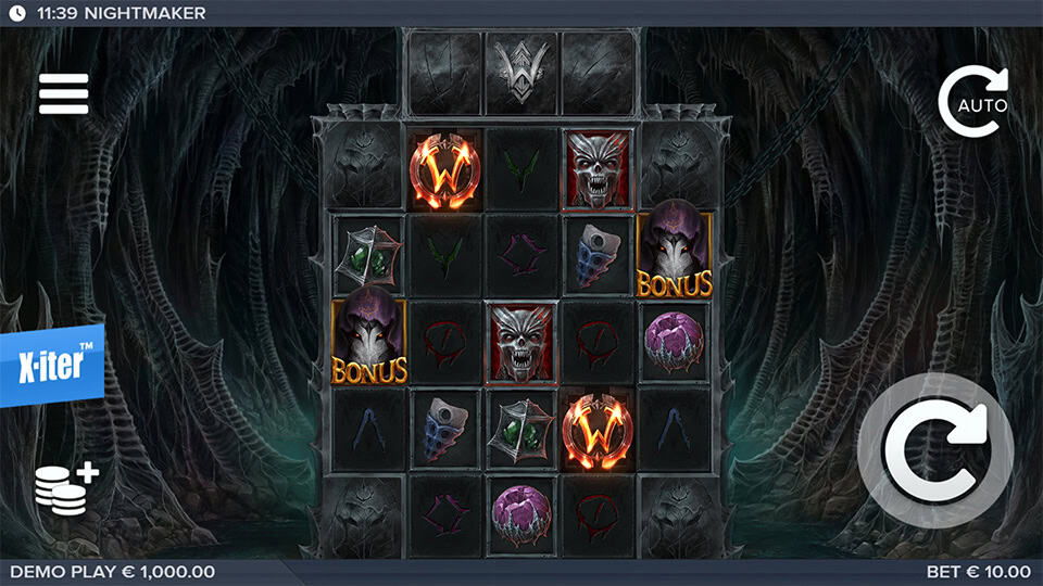 Base game screen of Nightmaker with a dark cavernous backdrop, reels filled with eerie symbols and Bonus symbols appearing.