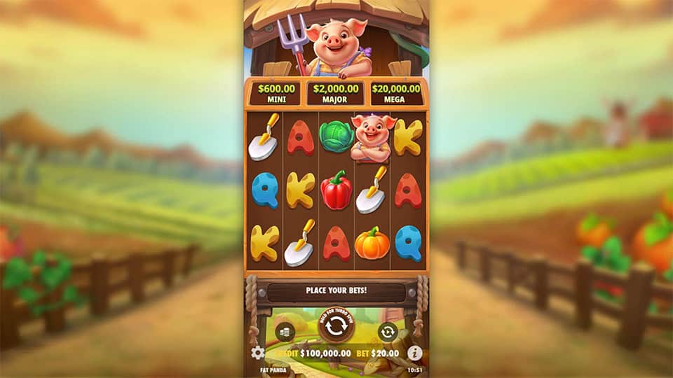 Pig Farm slot game preview showing the 5-reel layout with farming-themed symbols.