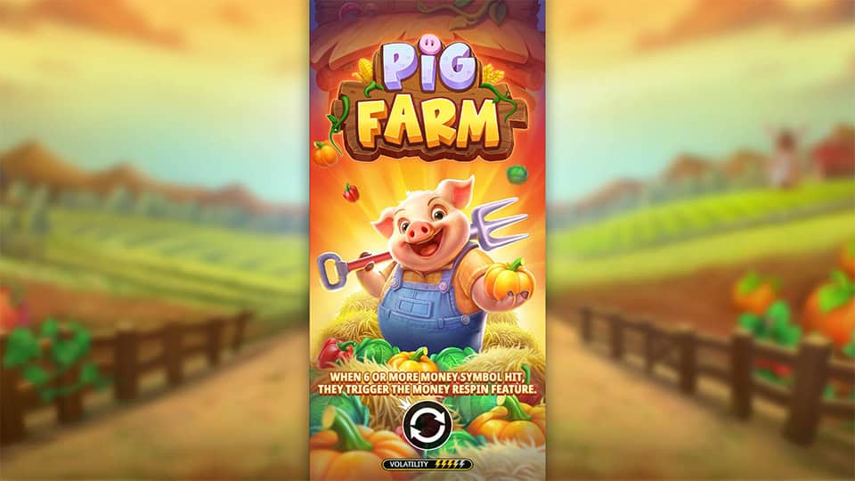 Homepage of Pig Farm slot featuring the title and cheerful pig mascot in a farm landscape.