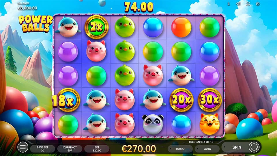 Gameplay screen in Power Balls featuring various multiplier bubbles like 2x, 18x, 20x and 30x placed among animal bubble symbols.