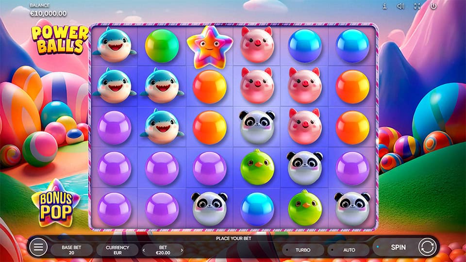 Base game screen of Power Balls showing a 6x6 grid with animal-shaped bubbles, vibrant colors and playful background elements.