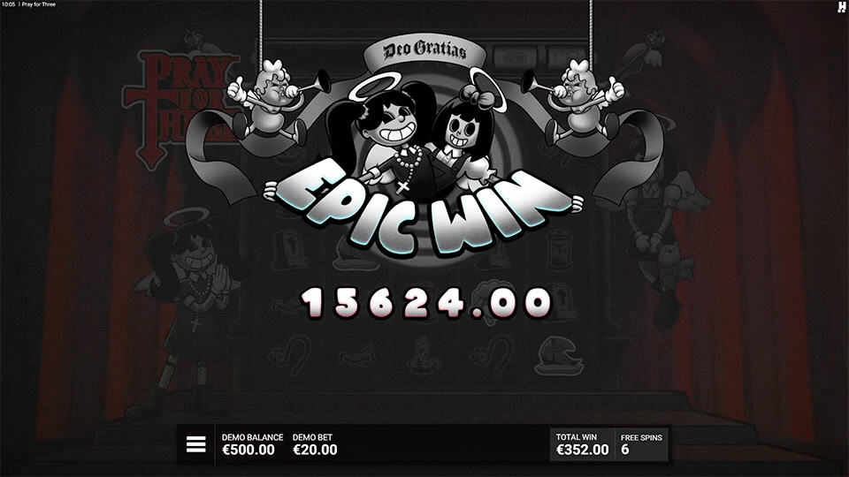 Epic win animation in Pray for Three showing a €15,624.00 win with two grinning angels and a banner reading “Deo Gratias.”