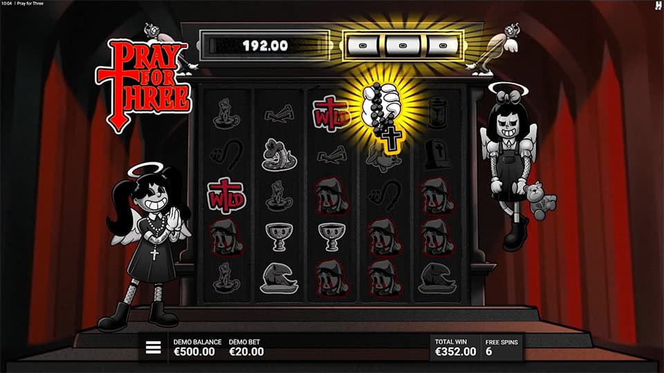 Feature explanation screen in Pray for Three introducing the Wheel of Sin with triple multipliers for big wins.