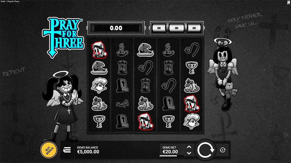 Base game screen of Pray for Three with monochrome cartoon-style reels and gothic characters on each side.