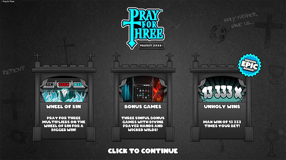 Full slot interface of Pray for Three featuring animated angel and demon girls with buy bonus button in bottom left.