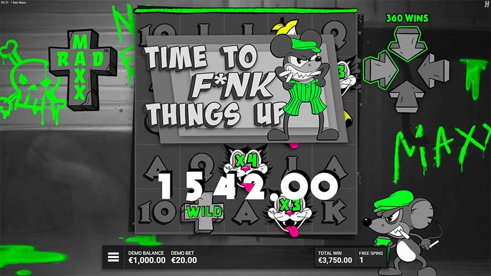 Rad Maxx slot showing wild cat multipliers with a €1542 win during free spins.