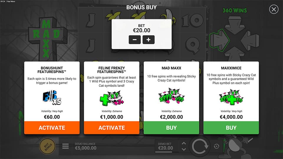 Rad Maxx slot feature buy menu with four distinct bonus modes, including Mad Maxx and Maxximice.