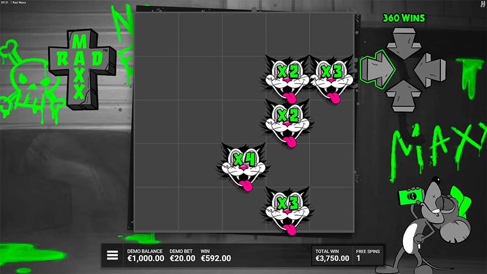 Rad Maxx bonus round with sticky cat wilds showing x2 to x4 multipliers across the grid.