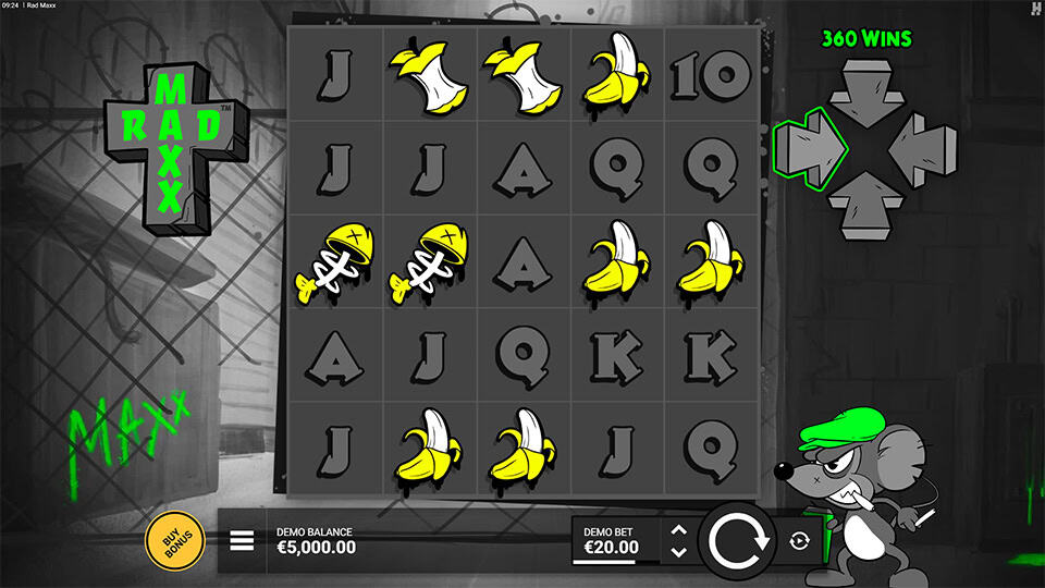 Rad Maxx base game with graffiti background, funky symbols like bananas, cheese and sneaky mice.