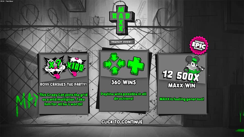 Rad Maxx intro screen featuring gameplay mechanics, volatility indicators and 12,500x max win highlight.