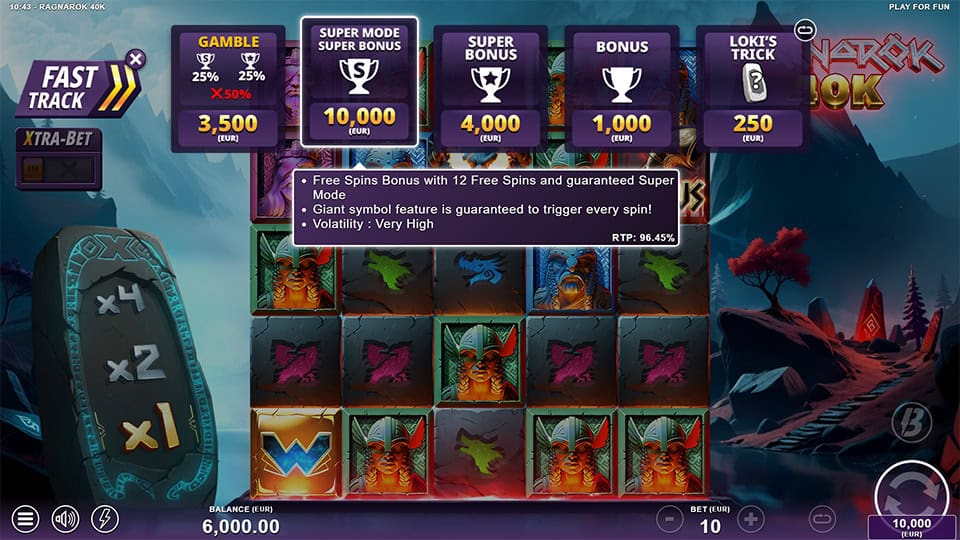 Bonus buy menu with options like Loki’s Trick, Bonus, Super bonus and Super Mode.