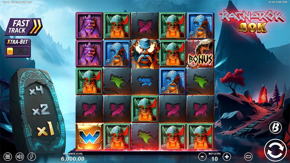 Base game screen with Viking symbols, multipliers and bonus icons.