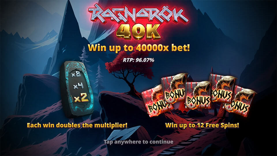 Intro screen showing max win 40,000x bet, multipliers and free spins.