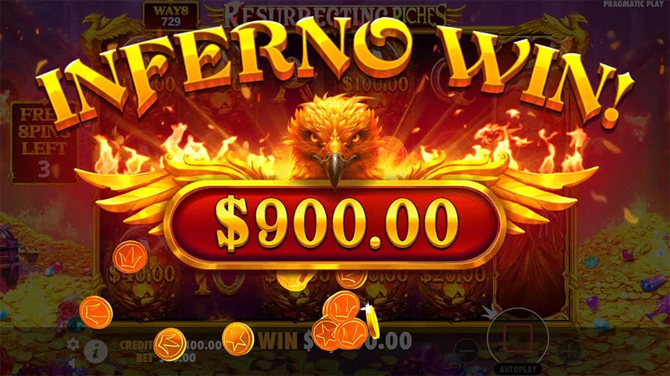 Inferno Win animation in Resurrecting Riches slot showing a $900 prize and a blazing phoenix.