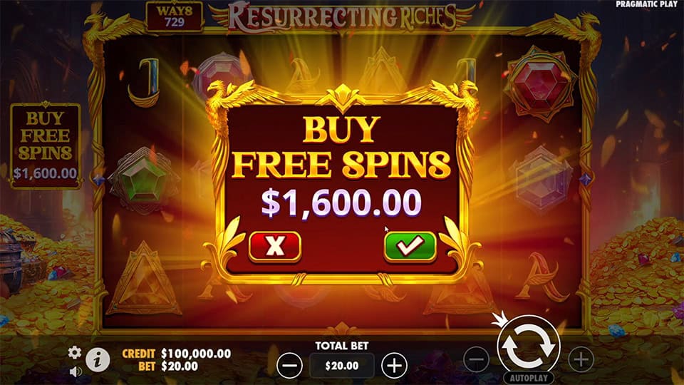 Resurrecting Riches slot buy feature popup offering Free Spins for $1,600 with a confirmation screen.