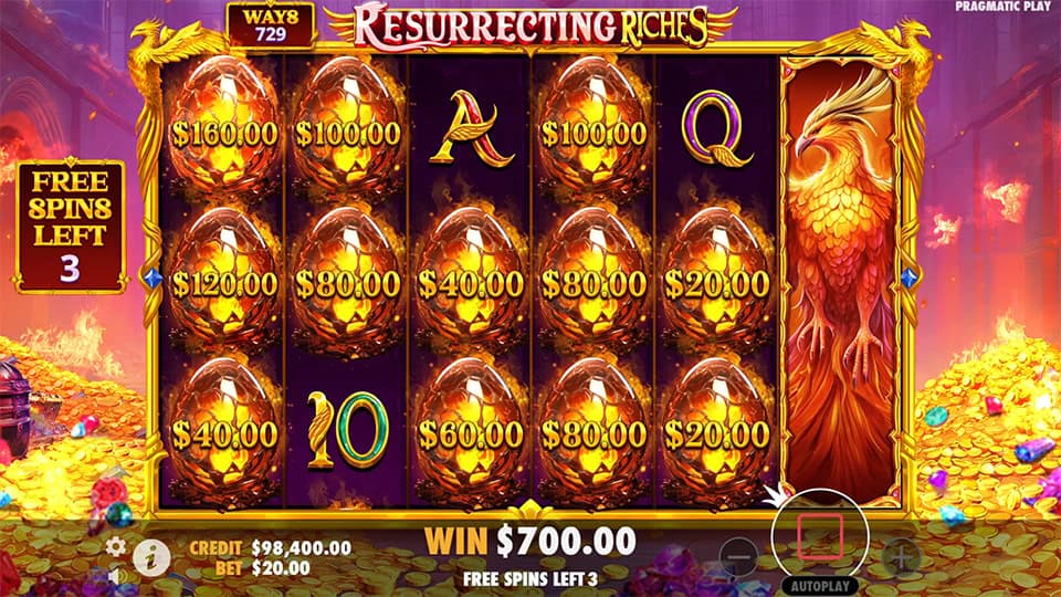 Resurrecting Riches base game with bonus egg symbol landing among gem icons and “Bonus Active” indicator lit.