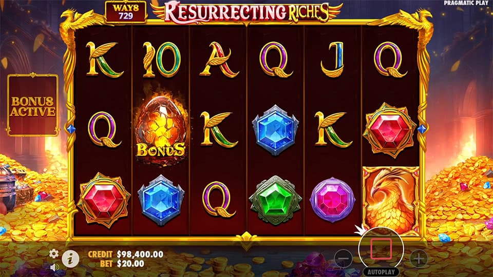 Resurrecting Riches gameplay featuring the Buy Free Spins option on the left and a full reel of base game symbols.
