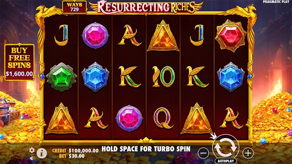 Resurrecting Riches base game screen with colorful gemstone symbols and phoenix animations.