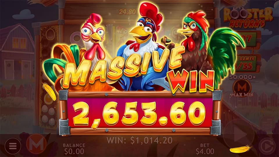 Rooster Returns slot showing Massive Win of 2,653.60 with animated roosters and bright banner.
