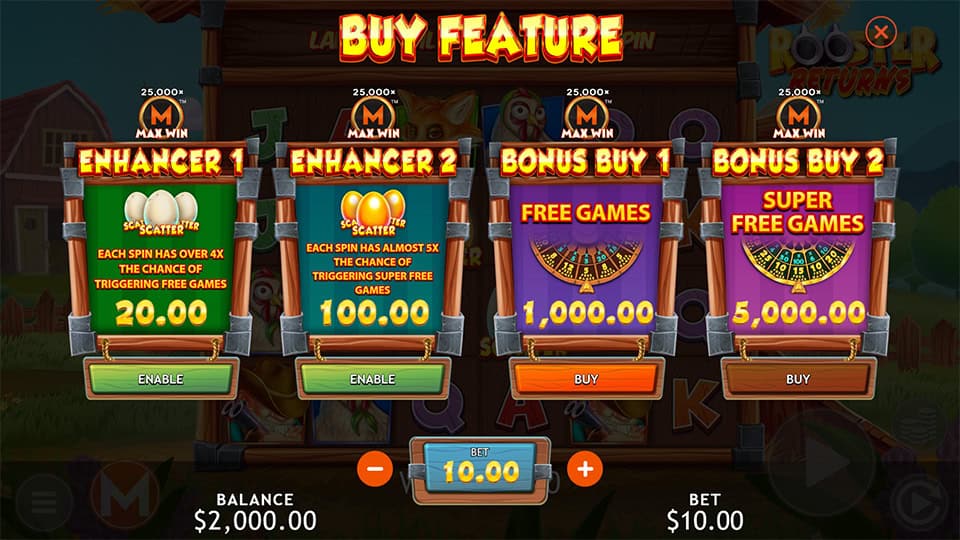 Rooster Returns buy menu with Enhancer and Bonus Buy options for free and super free games.