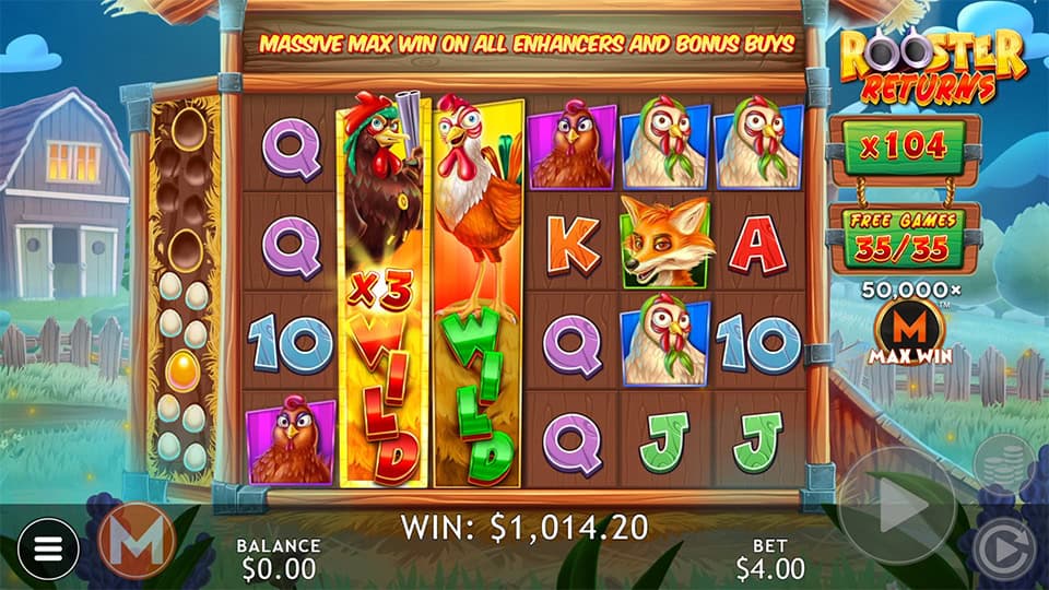 Rooster Returns slot showing wild reels with x3 multiplier and highlighted winning symbols.