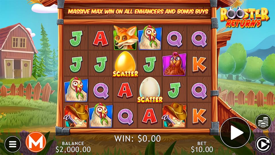 Rooster Returns slot grid with chickens, cowboy symbols and golden scatters on a wooden board.